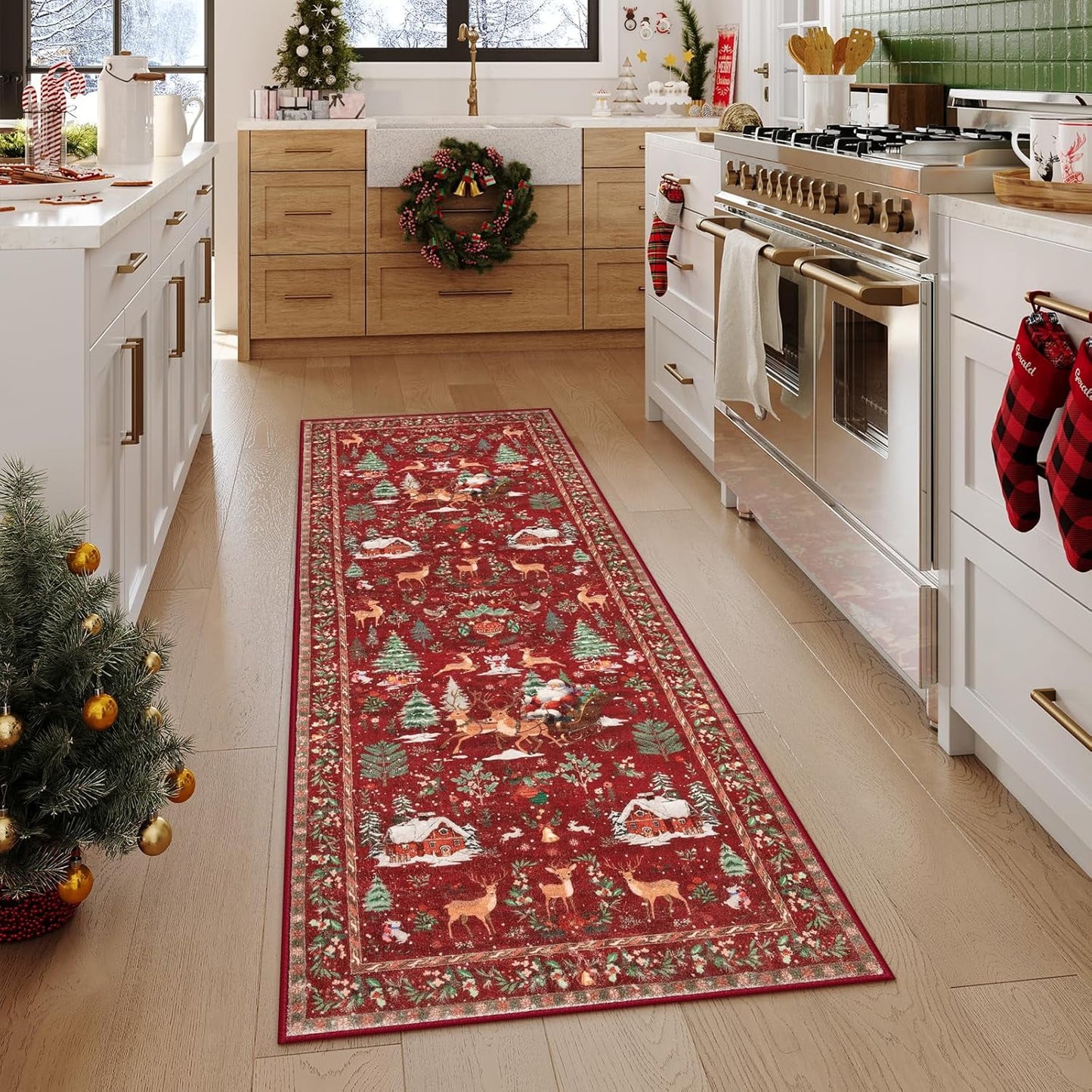 Long Christmas Reindeer & Trees Runner Mat
