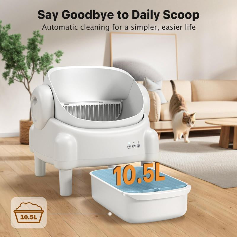 TAYACICY Self Cleaning Litter Box Open-Top with App Control for Multiple Cats 16.5"X16.5" Entrance Dual Safety Tech 10.5L Sealed Waste Bin Cream White