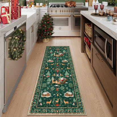 Long Christmas Reindeer & Trees Runner Mat