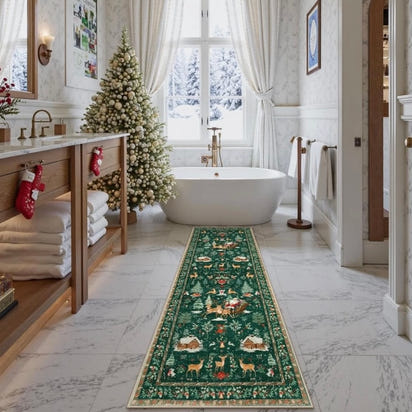 Long Christmas Reindeer & Trees Runner Mat