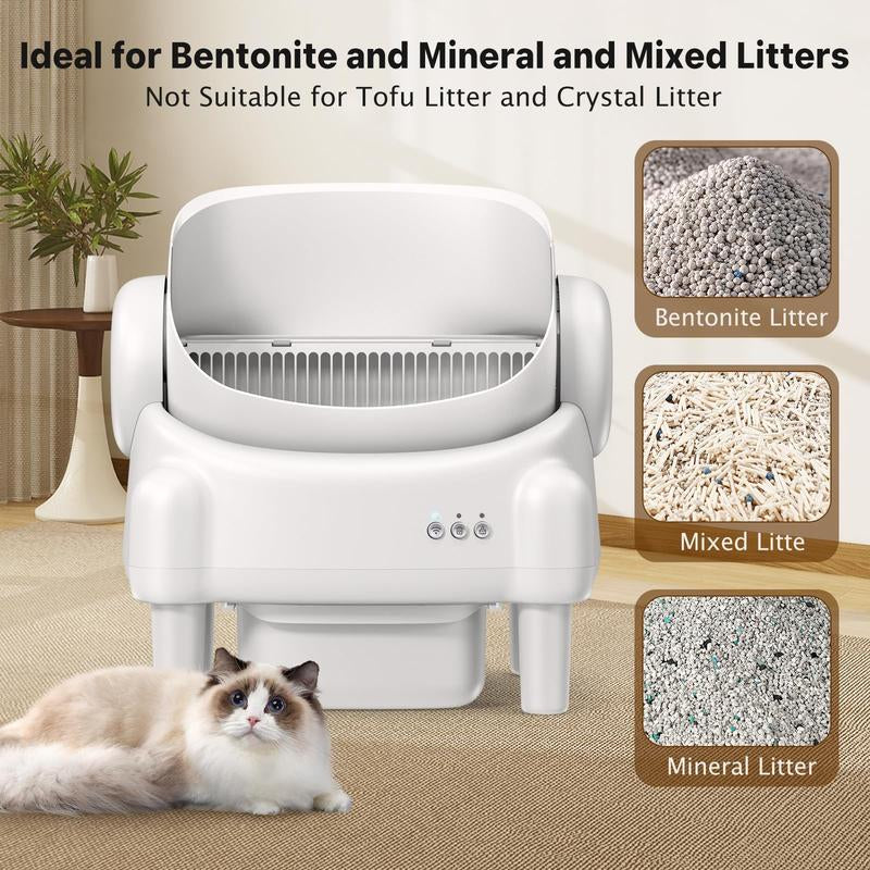 TAYACICY Self Cleaning Litter Box Open-Top with App Control for Multiple Cats 16.5"X16.5" Entrance Dual Safety Tech 10.5L Sealed Waste Bin Cream White