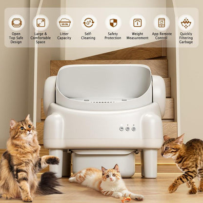 TAYACICY Self Cleaning Litter Box Open-Top with App Control for Multiple Cats 16.5"X16.5" Entrance Dual Safety Tech 10.5L Sealed Waste Bin Cream White
